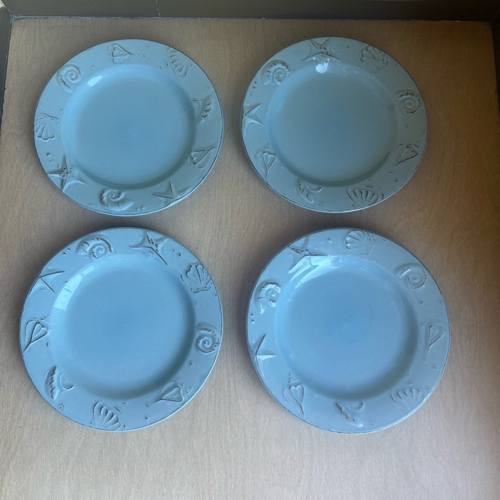Thomson Pottery Cape Cod Plate Blue Seashells Nautical Set of 4 - Picture 2 of 11
